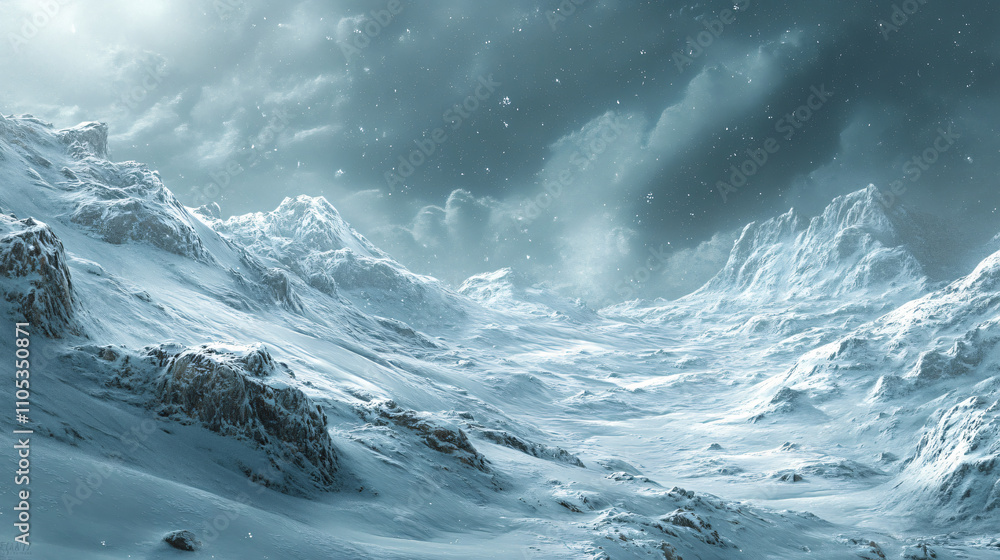 A thick blanket of snow covering rocky terrain under an overcast winter sky. A thick blanket of snow covering rocky terrain under an overcast winter sky.
