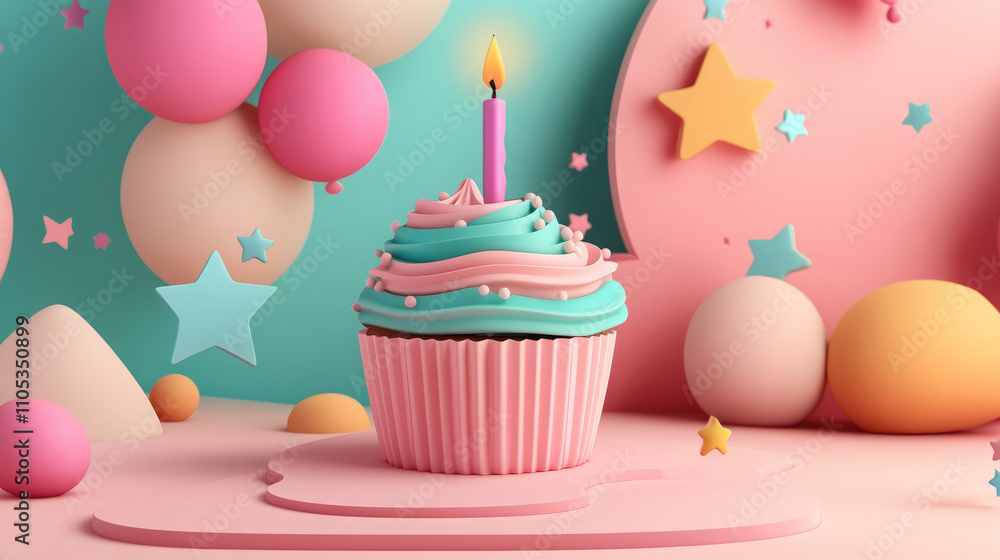 A simple 3D-rendered cupcake with soft pink and blue frosting, a candle, and tiny 3D stars and sprinkles for a minimalist, adorable birthday theme. A simple 3D-rendered cupcake with soft pink and blue frosting, a candle, and tiny 3D stars and sprinkles for a minimalist, adorable birthday theme.