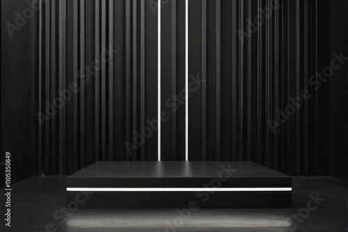 Black Platform with White Stripe on Dark Background with Diagonal Lines  Minimalistic and Moody Abstract Composition