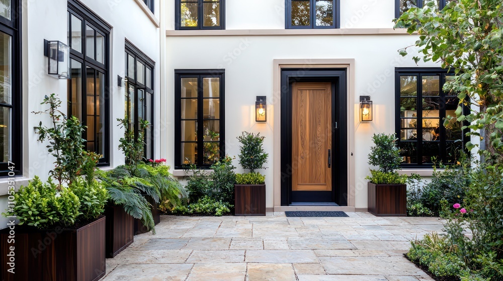 Elegant home with white walls, black windows, and vibrant greenery by the path. Elegant home with white walls, black windows, and vibrant greenery by the path.