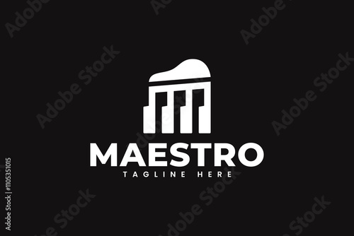 letter M with musical notes and piano shape modern logo design template for music instrument and entertainment company business