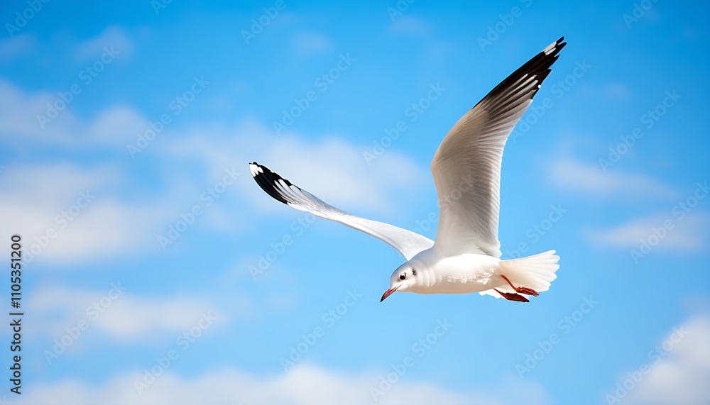 Fototapeta premium White Seagull Soaring under a Clear Blue Sky