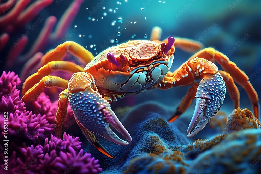 A crab gracefully swims underwater amidst vibrant coral reefs. A crab gracefully swims underwater amidst vibrant coral reefs.