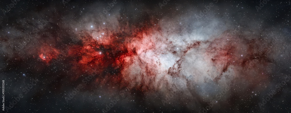 A vibrant cosmic scene depicting swirling clouds of gas and dust in space, illuminated by stars and rich in shades of red, white, and black. A vibrant cosmic scene depicting swirling clouds of gas and dust in space, illuminated by stars and rich in shades of red, white, and black.