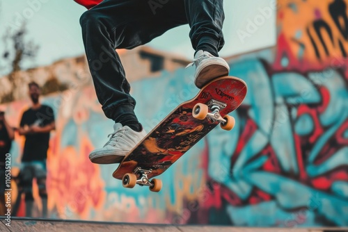 Performing a stunning skateboard trick at a competition, with onlookers cheering and vibrant graffiti art in the background, capturing the essence of urban sports culture