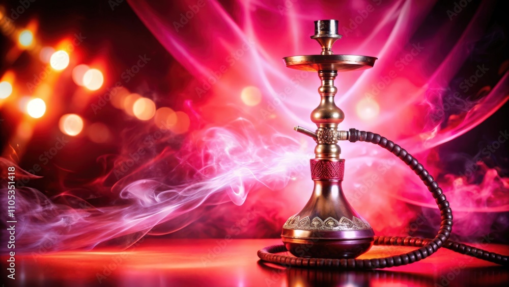 A Traditional Hookah with a Swirling Pink and White Smoke Background A Traditional Hookah with a Swirling Pink and White Smoke Background