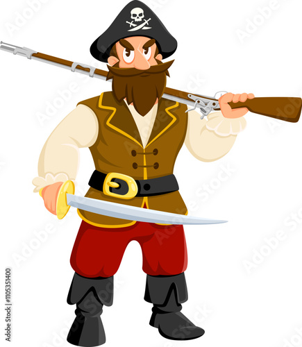 Cartoon pirate, privateer bandit cute character. Corsair bandit captain isolated vector personage, Caribbean pirate sailor crew skipper mascot or filibuster boatswain character holding sword and rifle