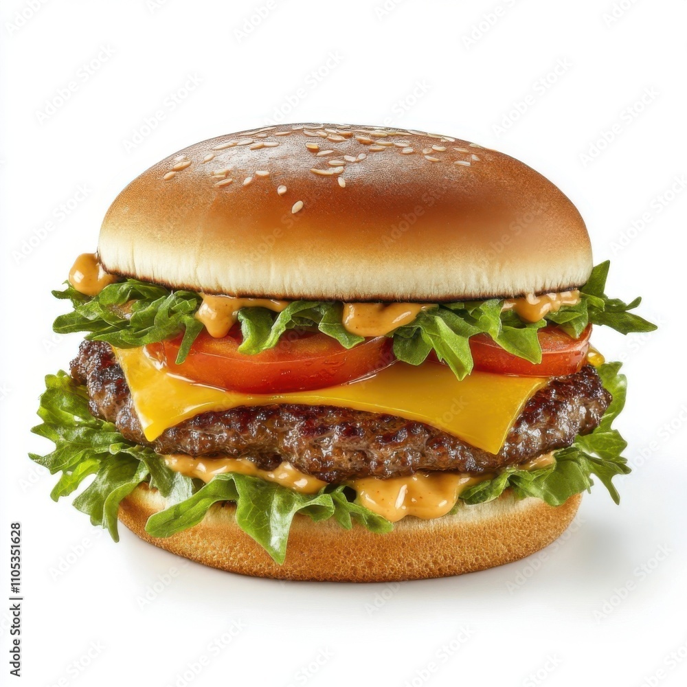 Close-up of premium cheeseburger with full toppings including lettuce, tomato and cheese. Emphasizing the freshness of the layers. Placed on an isolated white background. Close-up of premium cheeseburger with full toppings including lettuce, tomato and cheese. Emphasizing the freshness of the layers. Placed on an isolated white background.