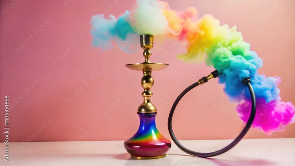 A Rainbow-Colored Hookah with Smoke on a White Table A Rainbow-Colored Hookah with Smoke on a White Table