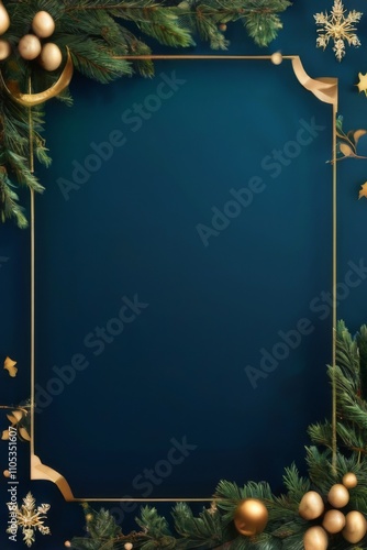 Elegant square frame with green fir branches, gold ornaments, and snowflakes on dark blue background. Festive holiday design.