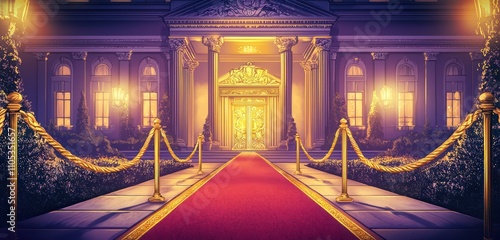 Royal crimson carpet leads to an ornate entrance, framed by golden lighting and purple.