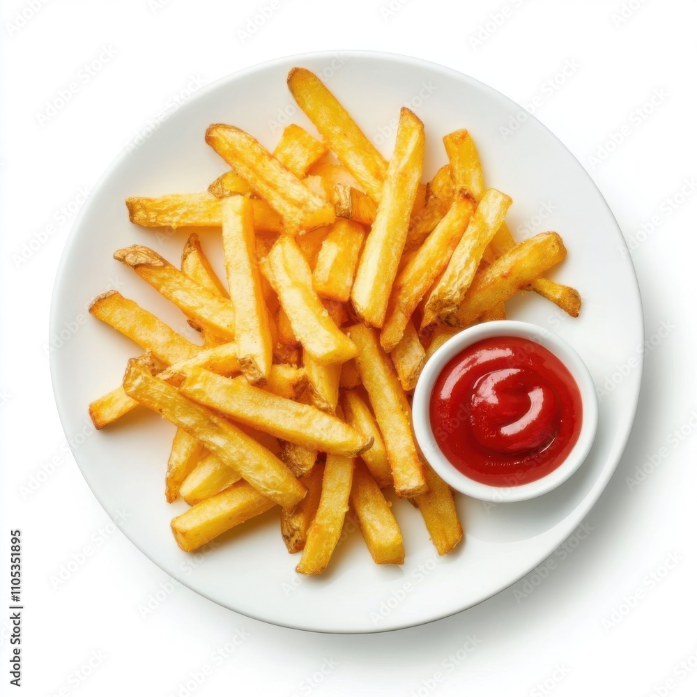 Top view of white plate with golden fried french fries with red ketchup in small cup on isolated white background. Top view of white plate with golden fried french fries with red ketchup in small cup on isolated white background.