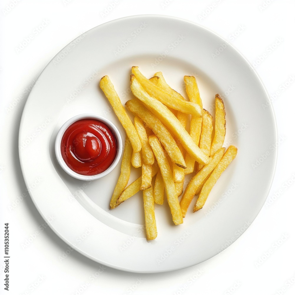 Top view of white plate with golden fried french fries with red ketchup in small cup on isolated white background. Top view of white plate with golden fried french fries with red ketchup in small cup on isolated white background.