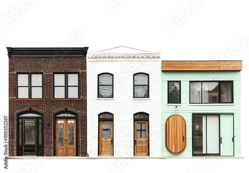 Three homes, each with different door designs and colorful facades, isolated.