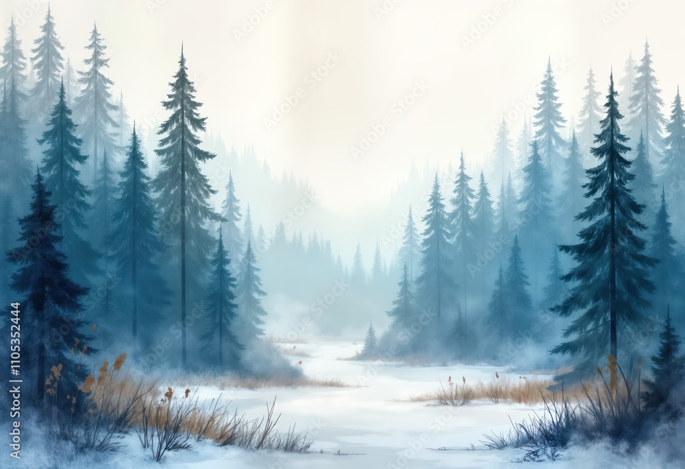 Fototapeta premium Foggy winter forest landscape. Frozen river flows through snowy woods. Tall evergreen trees stand in misty atmosphere. Nature scene in wintertime. Quiet, peaceful ambiance. Perfect for nature