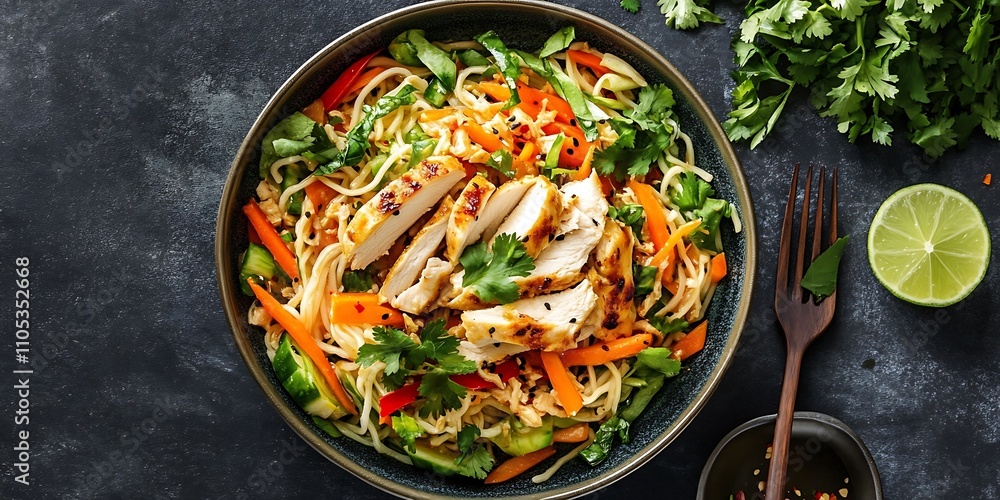 A refreshing chicken salad featuring noodles and crunchy carrots. A refreshing chicken salad featuring noodles and crunchy carrots.