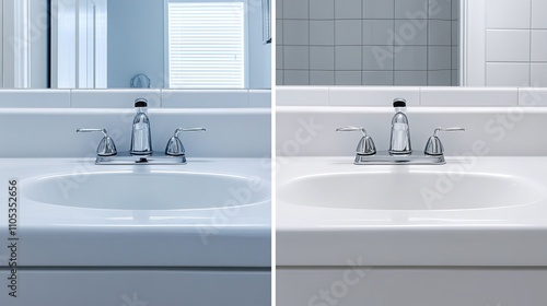 Bathroom sink displayed in a sidebyside before and after cleaning comparison photo