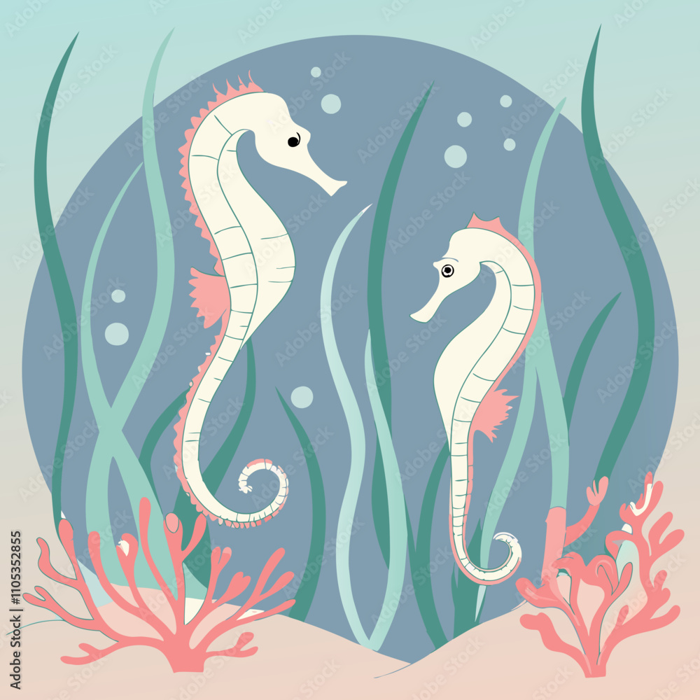 Vivid underwater vector illustration of seahorses drifting among flowing seagrass and vibrant corals. Vivid underwater vector illustration of seahorses drifting among flowing seagrass and vibrant corals.