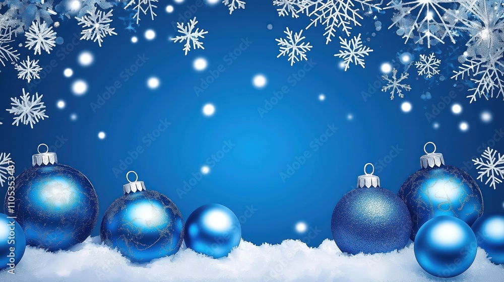 Winter scene shows blue Christmas ornaments on snow. Shiny blue balls rest on pile of snow. White snowflakes fall against vibrant blue background. Image suitable for holiday themes and festive design. Winter scene shows blue Christmas ornaments on snow. Shiny blue balls rest on pile of snow. White snowflakes fall against vibrant blue background. Image suitable for holiday themes and festive design.