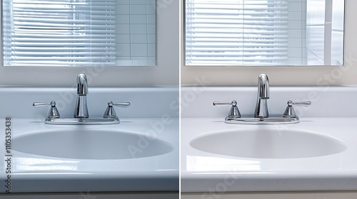 Bathroom sink displayed in a sidebyside before and after cleaning comparison photo