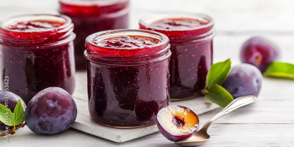 Plum jam neatly stored in jars, accompanied by a spoon, creates a rustic display on a white wooden table, highlighting the rich color and texture of homemade plum jam. Plum jam neatly stored in jars, accompanied by a spoon, creates a rustic display on a white wooden table, highlighting the rich color and texture of homemade plum jam.