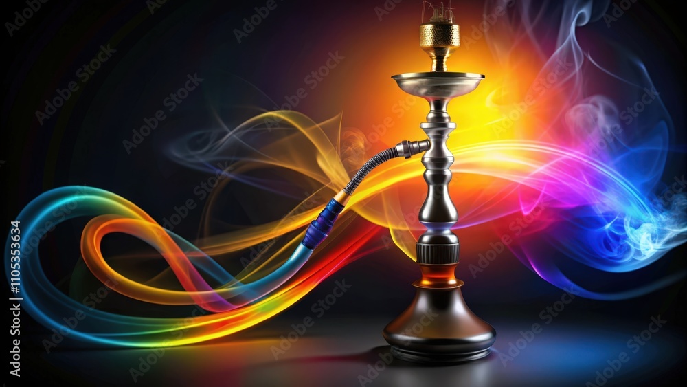 Silver Hookah with Colorful Smoke Swirls on a Dark Background Silver Hookah with Colorful Smoke Swirls on a Dark Background
