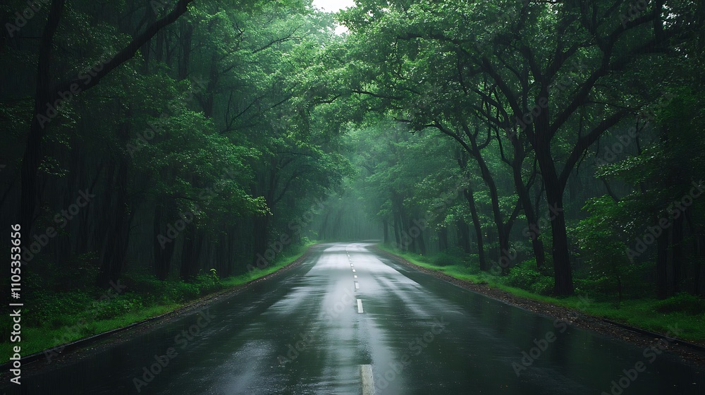 Obraz premium A winding asphalt road cuts through a lush green forest.