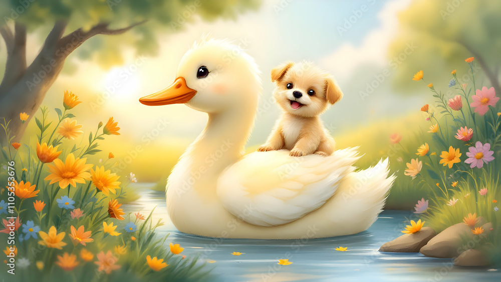 Cartoon of a puppy riding on the back of its mother duck Cartoon of a puppy riding on the back of its mother duck