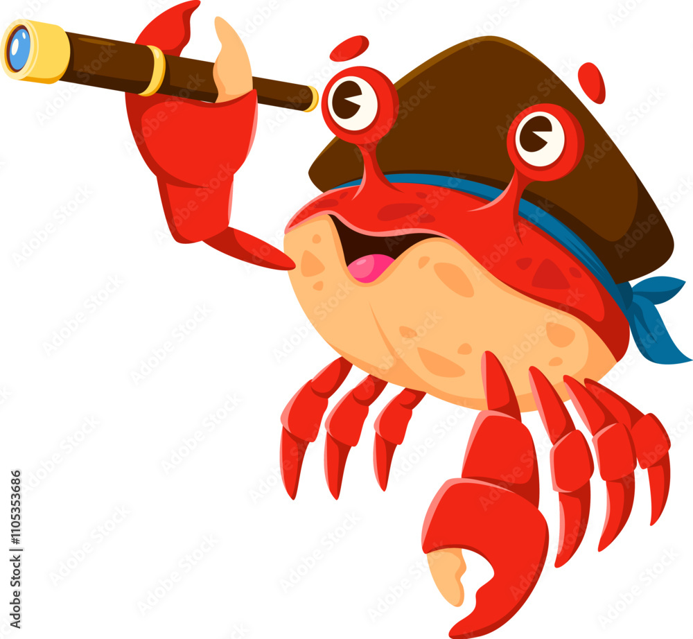 Cartoon crab pirate and corsair sea animal character looking in spyglass and donning tricorn hat. Isolated vector fearsome underwater arthropod personage with a glass in Its claws ready for adventure