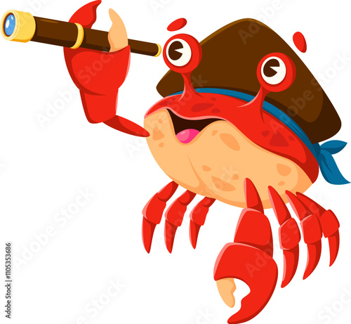 Cartoon crab pirate and corsair sea animal character looking in spyglass and donning tricorn hat. Isolated vector fearsome underwater arthropod personage with a glass in Its claws ready for adventure