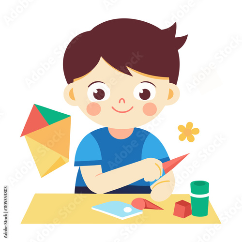  little boy cutting paper crafts with scissors