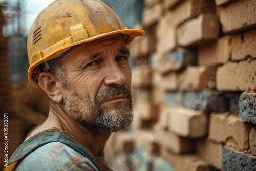 Ai generated image of a skilled bricklayer at work on a bustling modern construction site