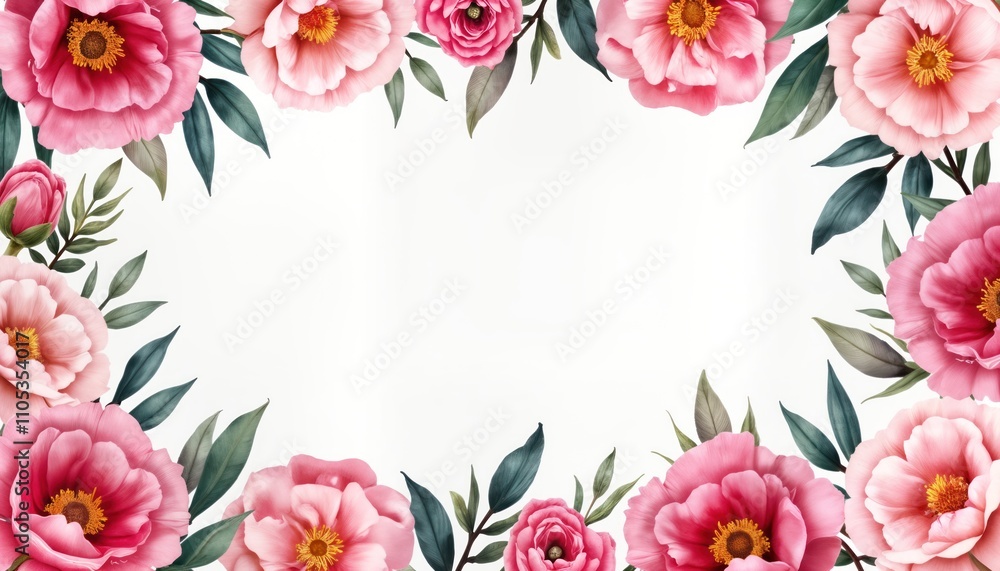 Fototapeta premium Watercolor floral border design. Pink peonies roses, hydrangeas create wreath arrangement. Perfect for cards invitations decorations. Elegant spring summer design featuring detailed flowers, leaves