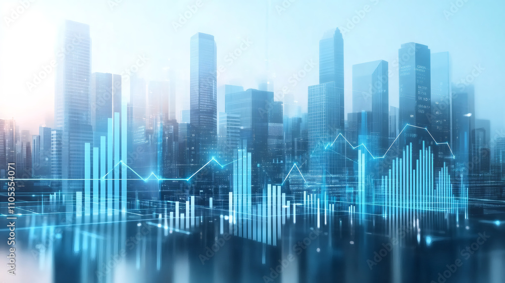 Fototapeta premium Modern cityscape with glowing graphs and charts showing positive economic growth, investment and stock market trading success