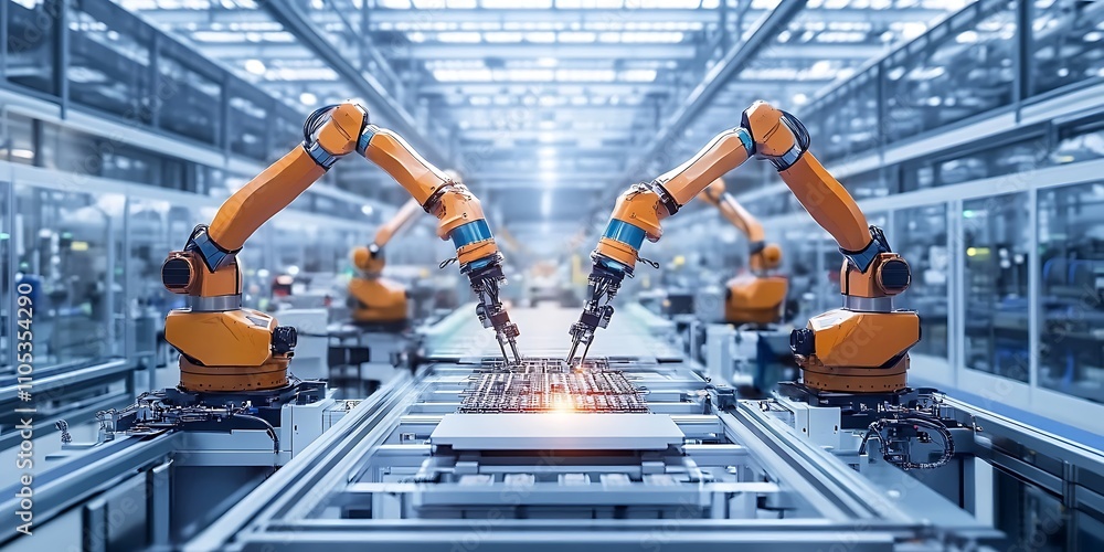 Advanced automation with robotic arms enhances productivity in manufacturing. Advanced automation with robotic arms enhances productivity in manufacturing.