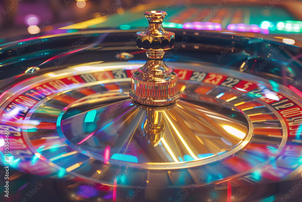 Vibrant roulette wheel in motion with colorful casino lights Vibrant roulette wheel in motion with colorful casino lights