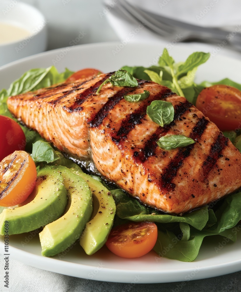 Grilled salmon fillet served with fresh vegetables and herbs Grilled salmon fillet served with fresh vegetables and herbs