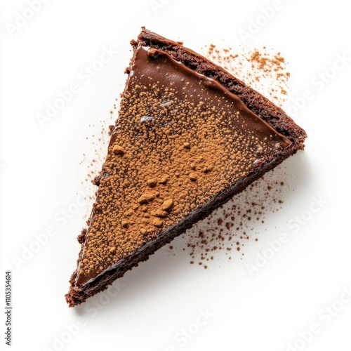 Top view of one piece of chocolate cake topped with ganache and a little cocoa powder, placed on an isolated white background.