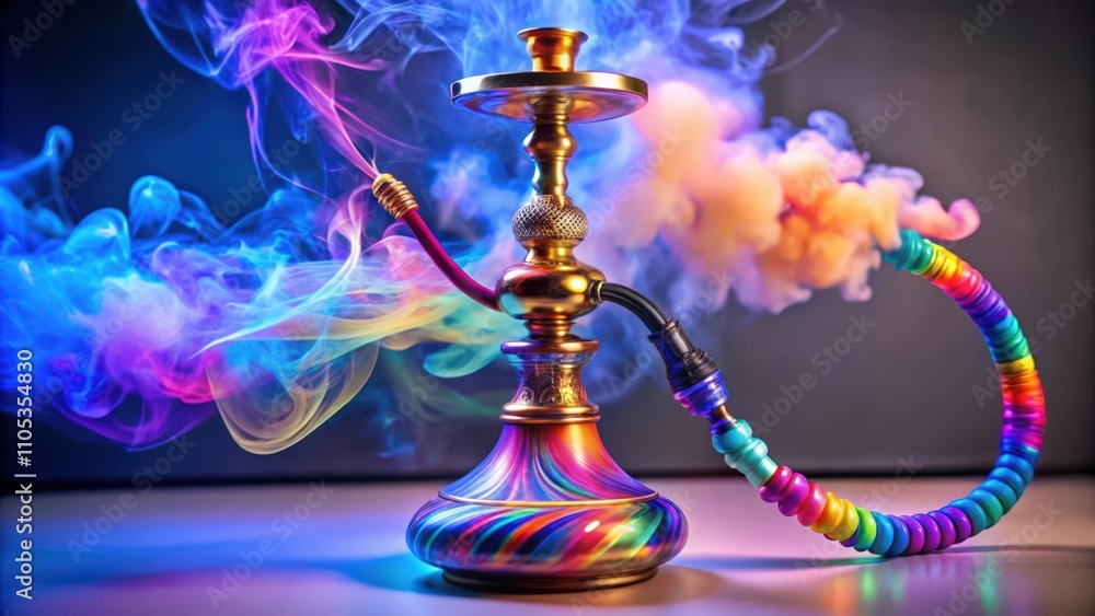 Colorful Hookah with Rainbow Hose Surrounded by Swirling Smoke Colorful Hookah with Rainbow Hose Surrounded by Swirling Smoke
