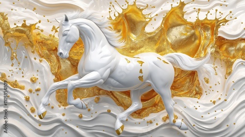 White horse sculpture with golden splashes. Abstract art style. Dynamic movement. Luxury design. Suitable for mural wallpaper. Modern home decor luxury wall art. Gold accents create contrast. High photo