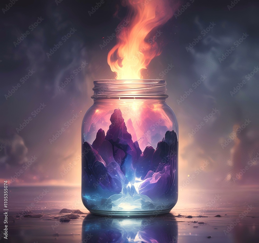Illustration of glowing and magic dramatic smoke in jar with water reflection. Illustration of glowing and magic dramatic smoke in jar with water reflection.