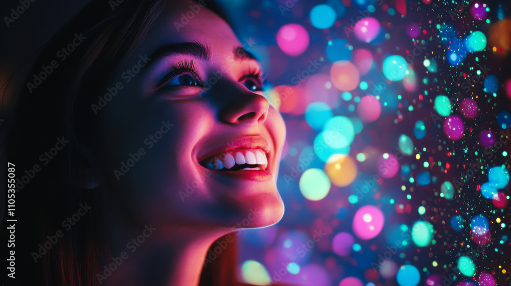 A young woman enjoying a bright, colorful light display while smiling in a dark setting during an evening event A young woman enjoying a bright, colorful light display while smiling in a dark setting during an evening event