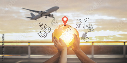 Abstract background. Hand holding globe circle with travel and adventure concept with traveling around the world by plane. Global Exploration, World Map, Plane, Destinations, Compass, Passport, Itiner