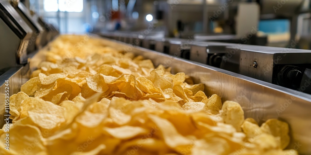 Closeup of potato chips on filling machines reveals the intricate processes in a production line at an industrial snack facility, showcasing the efficiency of potato chips manufacturing. Closeup of potato chips on filling machines reveals the intricate processes in a production line at an industrial snack facility, showcasing the efficiency of potato chips manufacturing.