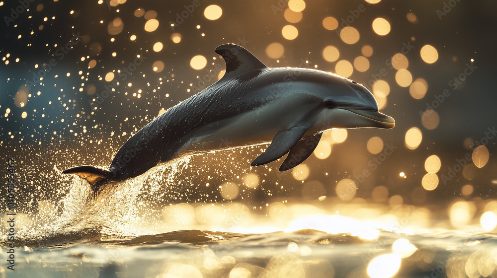 Fototapeta premium Dolphin leaping gracefully at sunset with sparkling water