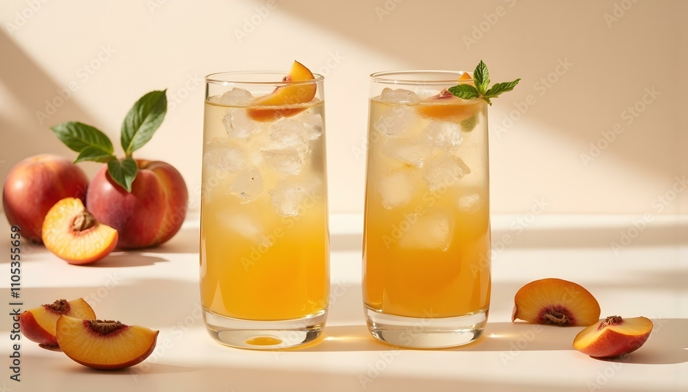 Ice peach tea or cocktail with mint and apricots, a recipe for a refreshing summer drink. Two glasses with peach fruit lemonade on light table, detox diet and weight loss concept, menu for restaurant Ice peach tea or cocktail with mint and apricots, a recipe for a refreshing summer drink. Two glasses with peach fruit lemonade on light table, detox diet and weight loss concept, menu for restaurant
