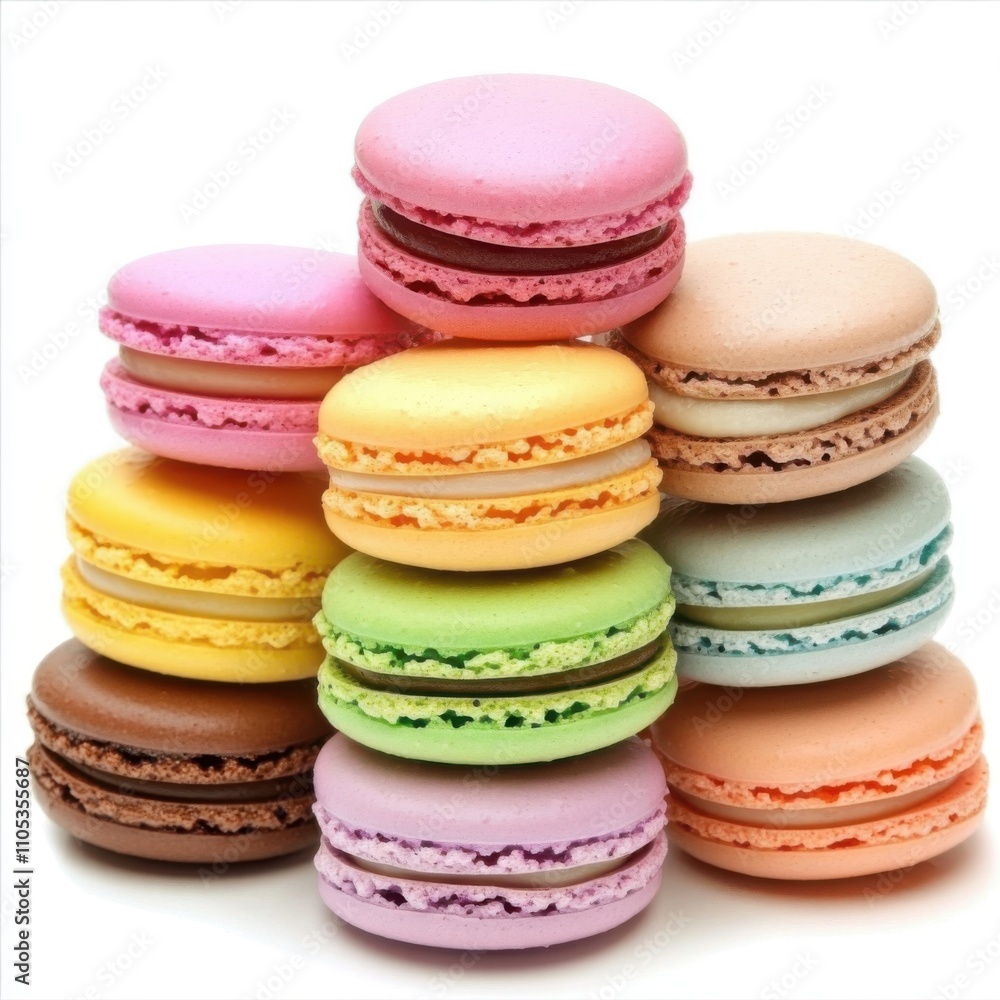 Arrangement of colorful macarons in pastel tones, stacked vertically, beautifully delicious, on a separate white background. Arrangement of colorful macarons in pastel tones, stacked vertically, beautifully delicious, on a separate white background.