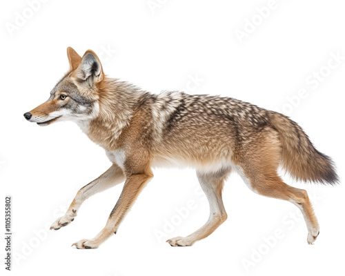 a coyote walking on a white background