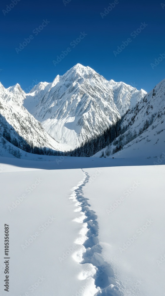 Obraz premium Snowy mountain trail leads through a serene winter landscape