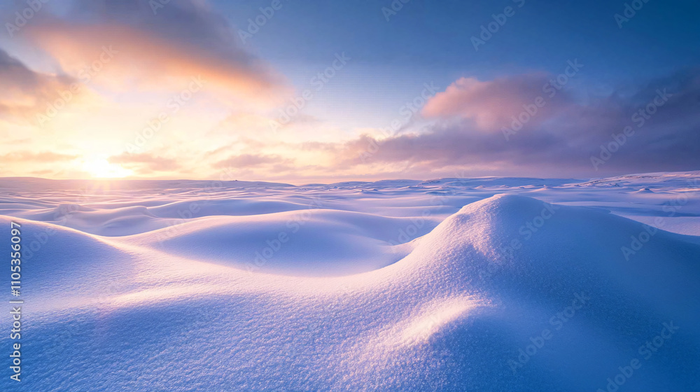 A vast, open field blanketed in snow with soft light at dusk. A vast, open field blanketed in snow with soft light at dusk.